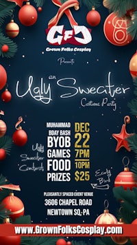 a flyer for the yule sweater christmas party